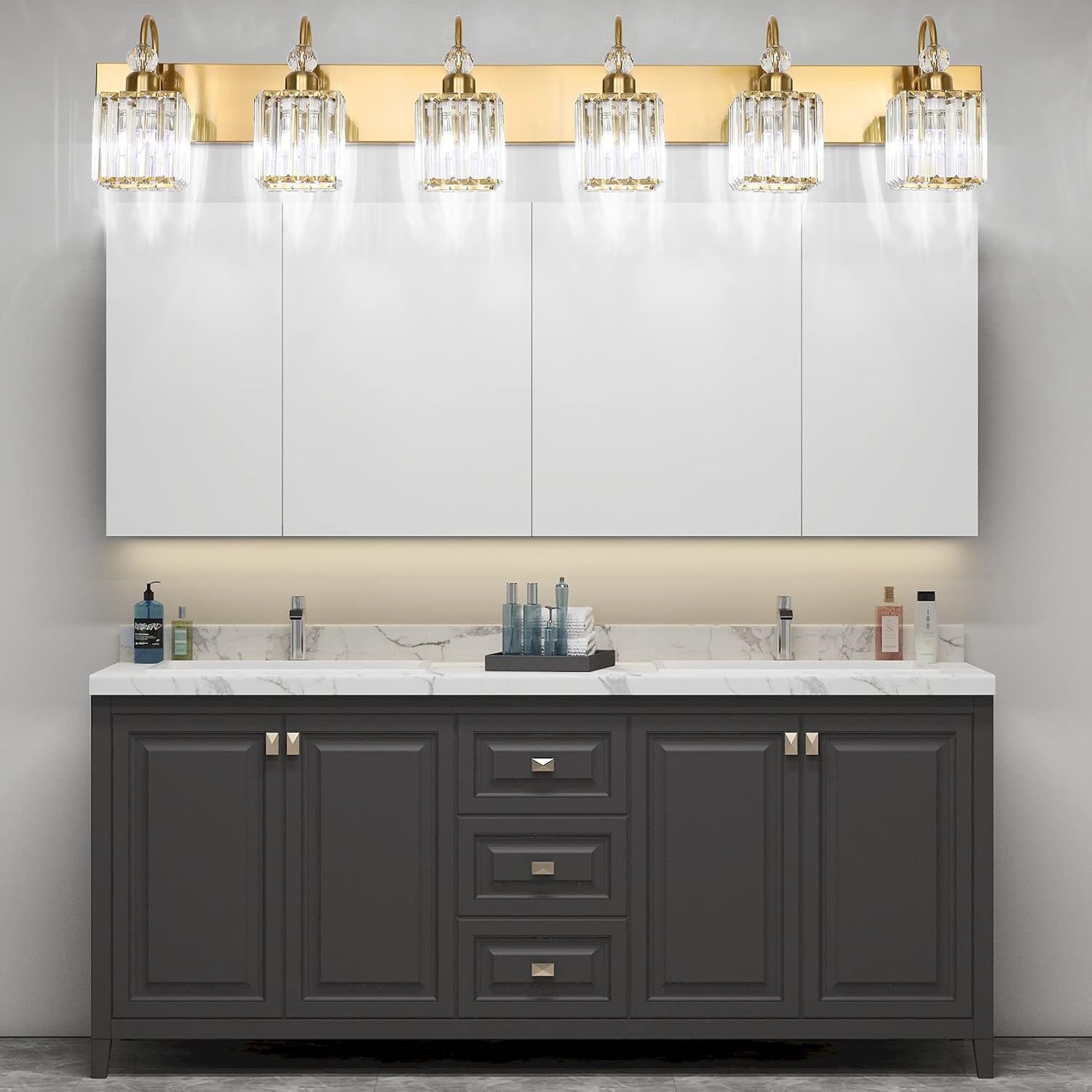 Modern Gold Vanity Lights for Bathroom 6-Lights Gold Crystal Bathroom Vanity Lights Over Long Mirror Modern Gold Crystal Bathroom Lighting Fixtures