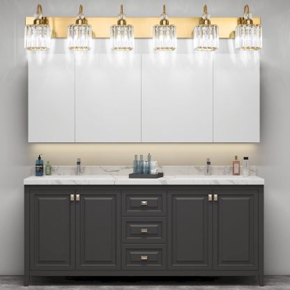 Modern Gold Vanity Lights for Bathroom 6-Lights Gold Crystal Bathroom Vanity Lights Over Long Mirror Modern Gold Crystal Bathroom Lighting Fixtures