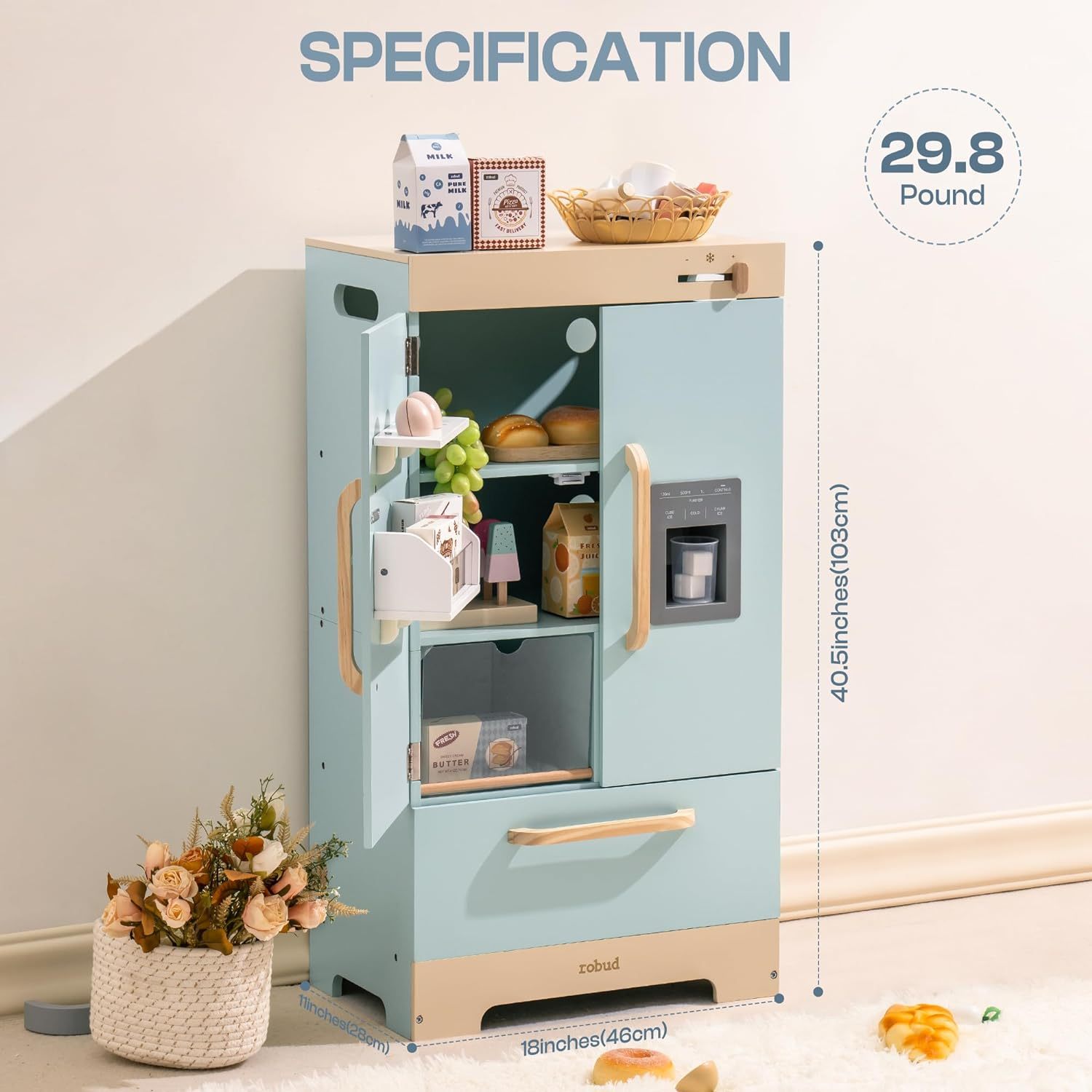 Fridge Refrigerator with Ice Dispenser, Wooden Play Fridge Freezer Set for Kids
