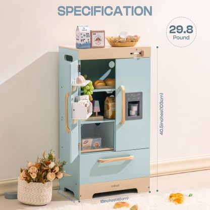 Fridge Refrigerator with Ice Dispenser, Wooden Play Fridge Freezer Set for Kids