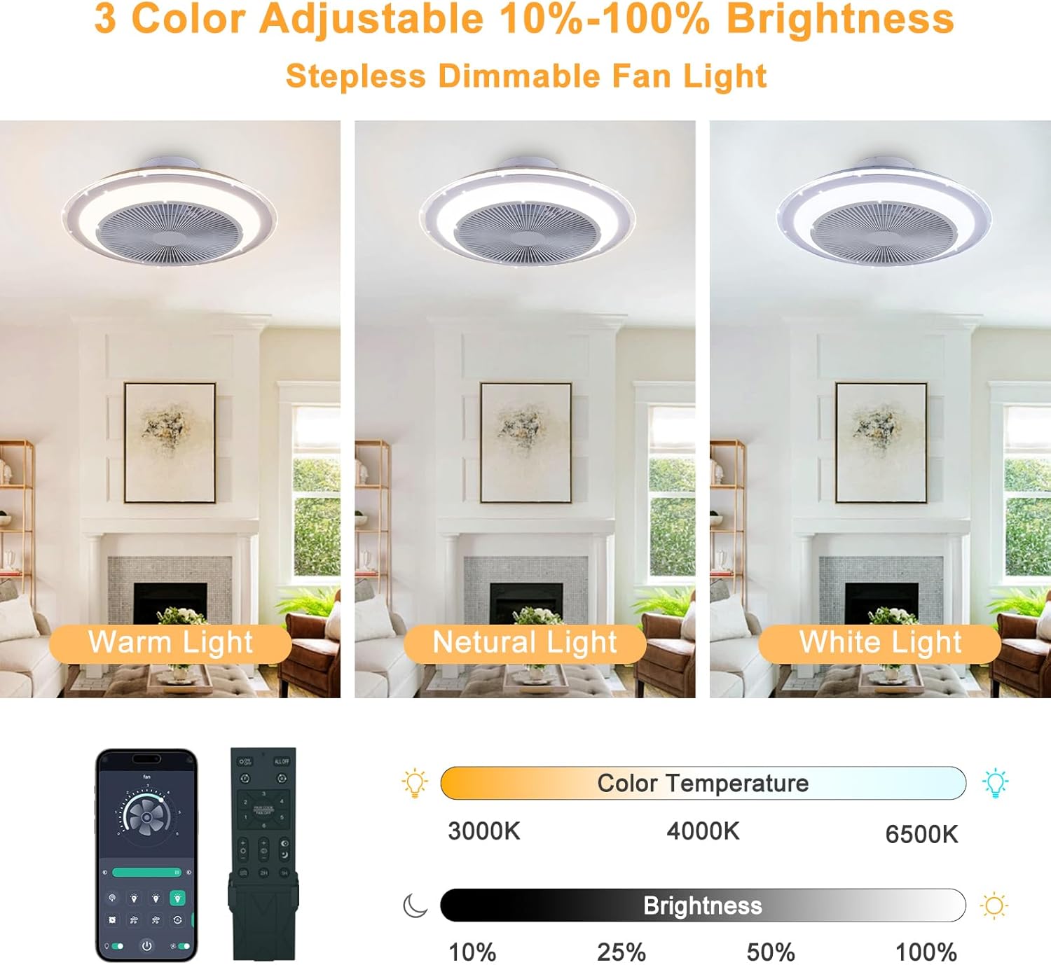 Ceiling Fan Mount for Bedroom: 20 Inch Bladeless Ceiling Fan with Light and Remote for Living Room Kitchen Dining Room