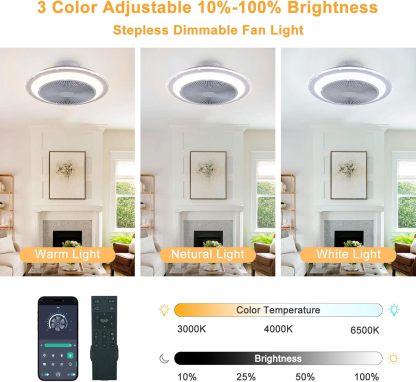 Ceiling Fan Mount for Bedroom: 20 Inch Bladeless Ceiling Fan with Light and Remote for Living Room Kitchen Dining Room