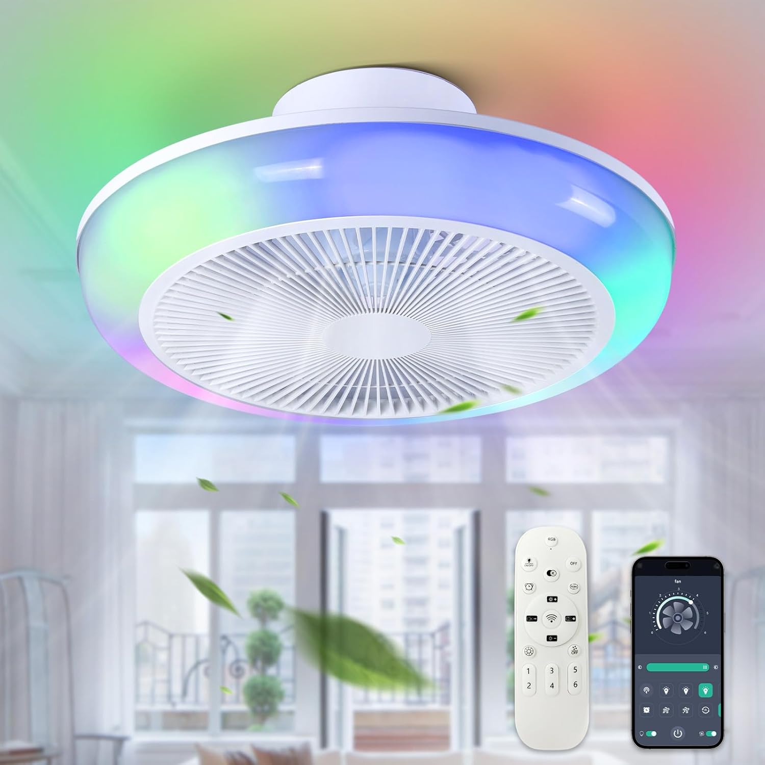 Ceiling Fan Mount for Bedroom: 18 Inch Bladeless Ceiling Fan with RGB Light and Remote for Living Room Kitchen Dining Room