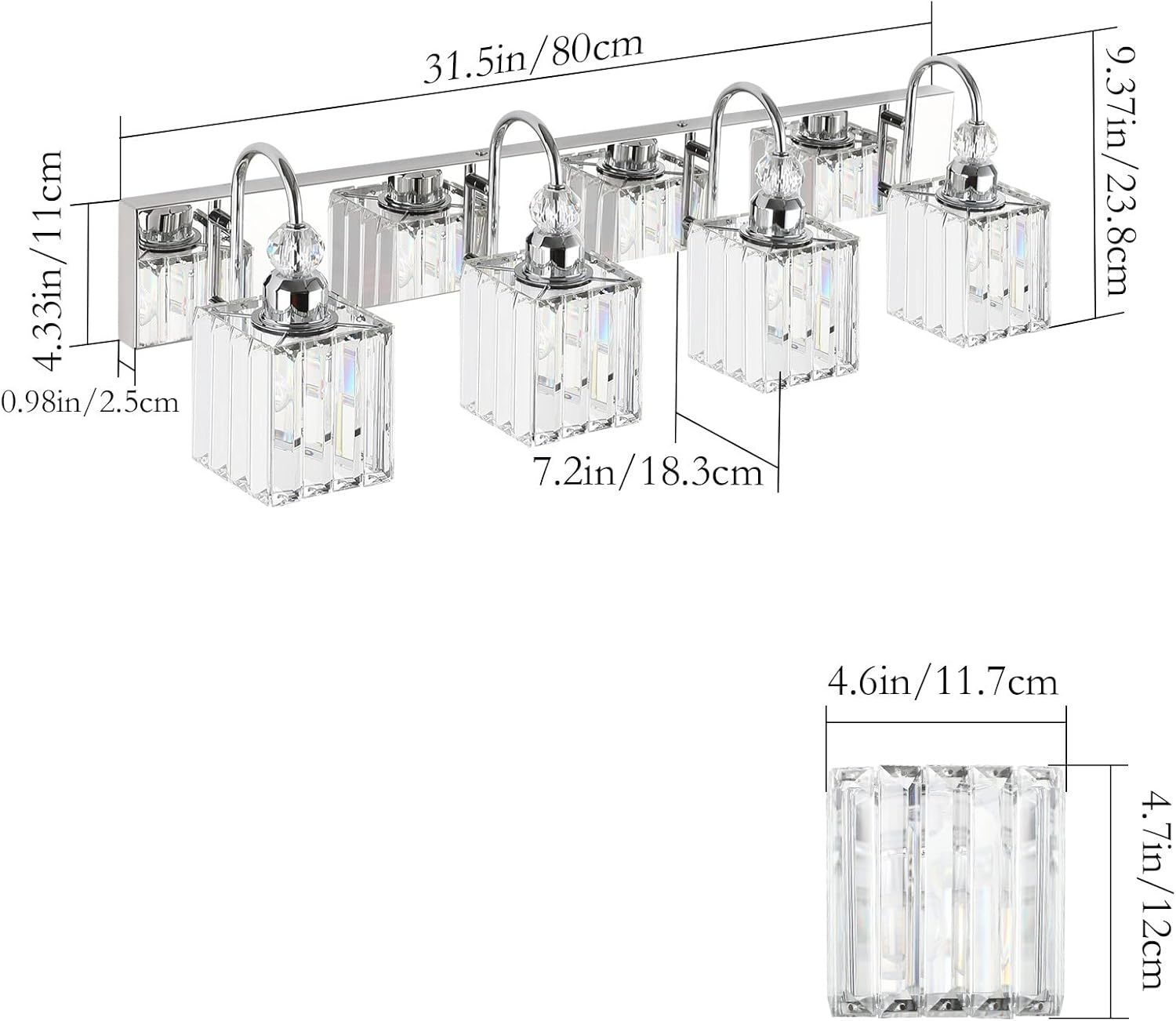 Chrome Crystal Vanity Light for Bathroom 4-Lights 31.5'' Modern Bathroom Wall Lighting Modern Chrome Bathroom Vanity Lighting Over Mirror