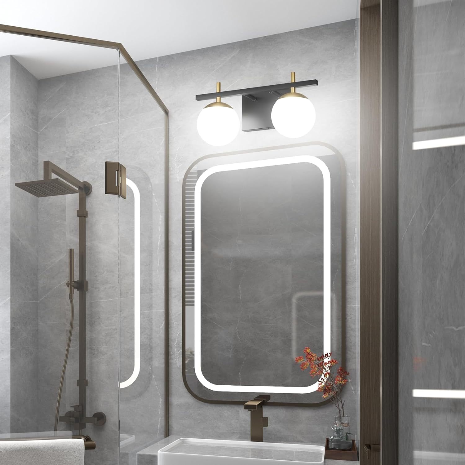 2-Light Black Gold Bathroom Vanity Light Mid Century Modern Bathroom Light Fixture Black/Golden Milky Glass Ball Wall Light for Bathroom