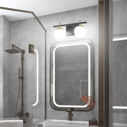 2-Light Black Gold Bathroom Vanity Light Mid Century Modern Bathroom Light Fixture Black/Golden Milky Glass Ball Wall Light for Bathroom