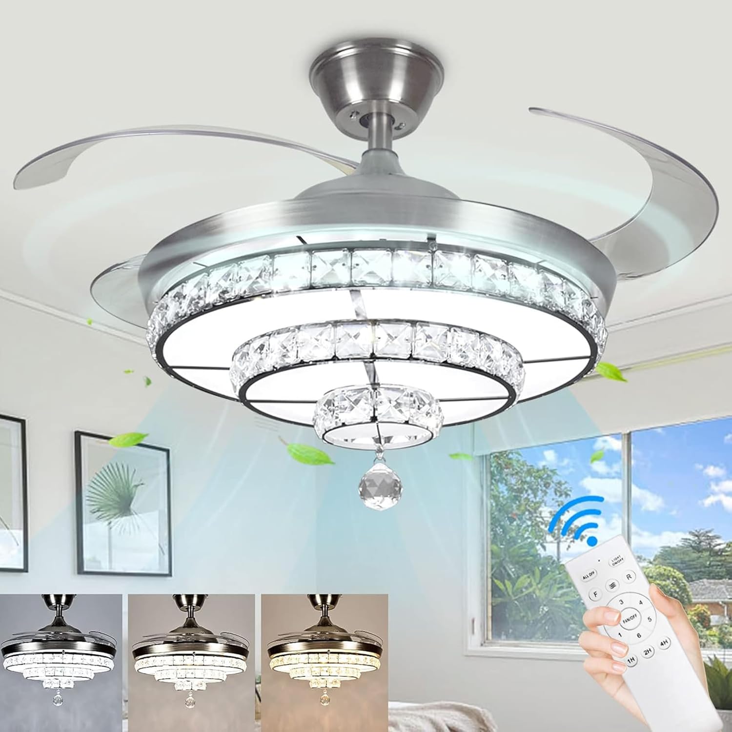 42'' Crystal Ceiling Fan with Light, 36W Modern Reversible Ceiling Fan Remote, 3-Blade Retractable LED Fan Chandelier