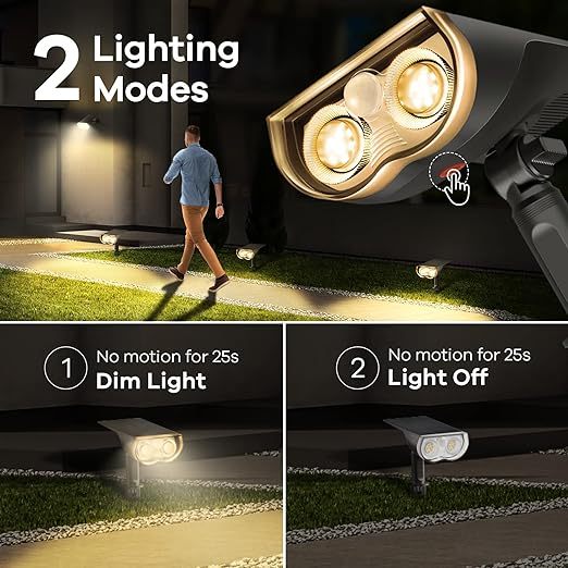 Solar Outdoor Lights, Motion Sensor Solar Spot Lights Outdoor, 3 Modes IP67 Waterproof 2 PACK