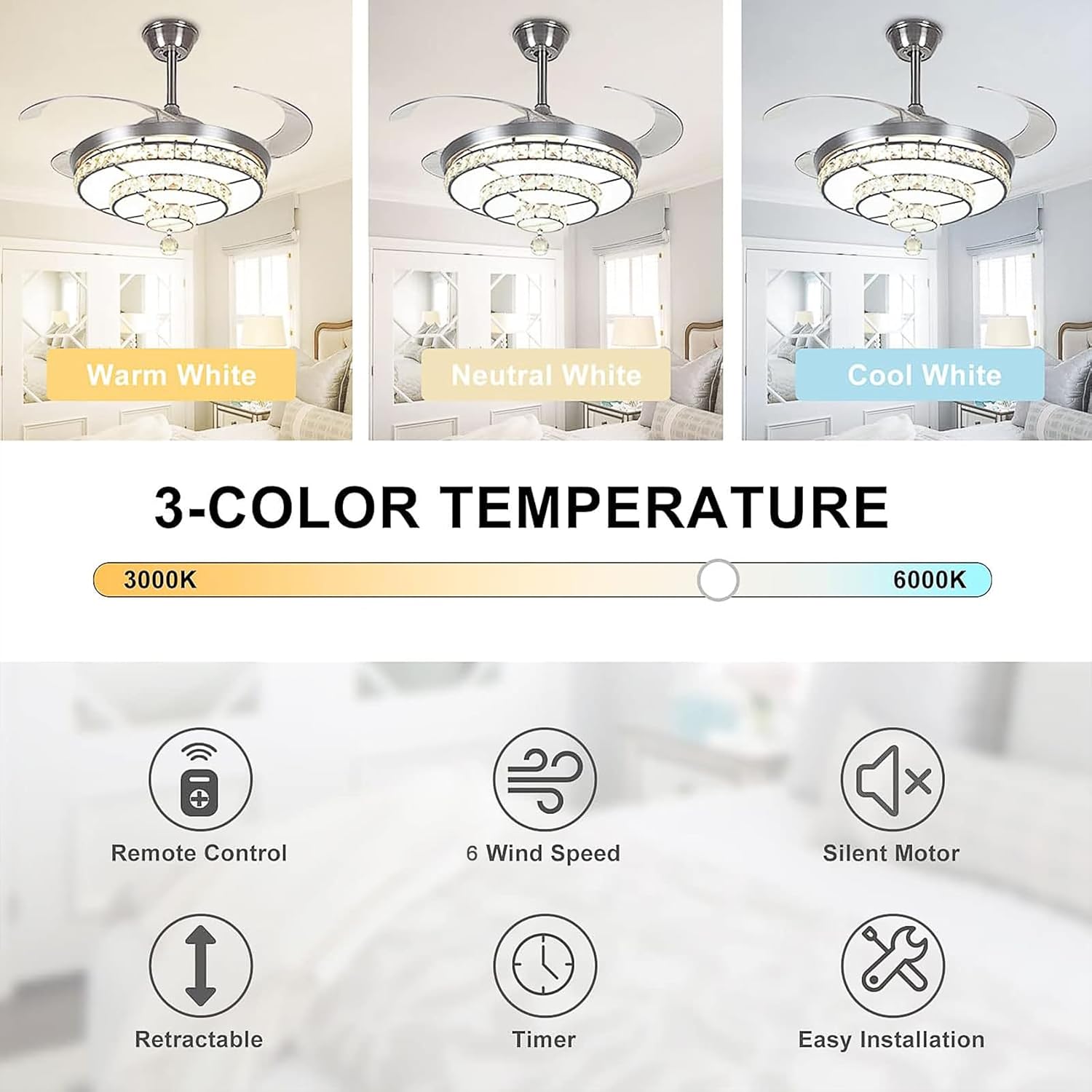 42'' Crystal Ceiling Fan with Light, 36W Modern Reversible Ceiling Fan Remote, 3-Blade Retractable LED Fan Chandelier