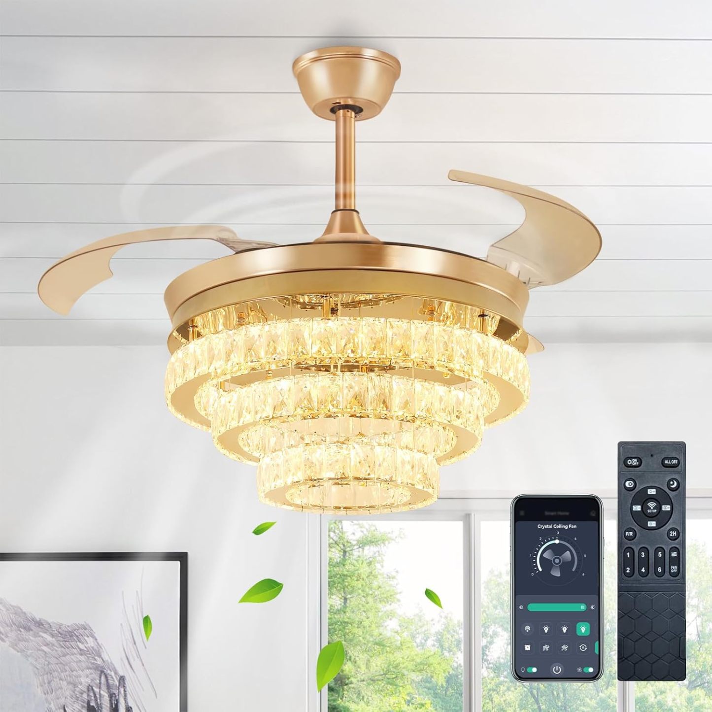 42" Modern Crystal Ceiling Fan with Lights, 3-Blade Gold Retractable Ceiling Fans Remote/APP Control, 6 Speeds Dimmable LED Fandelier