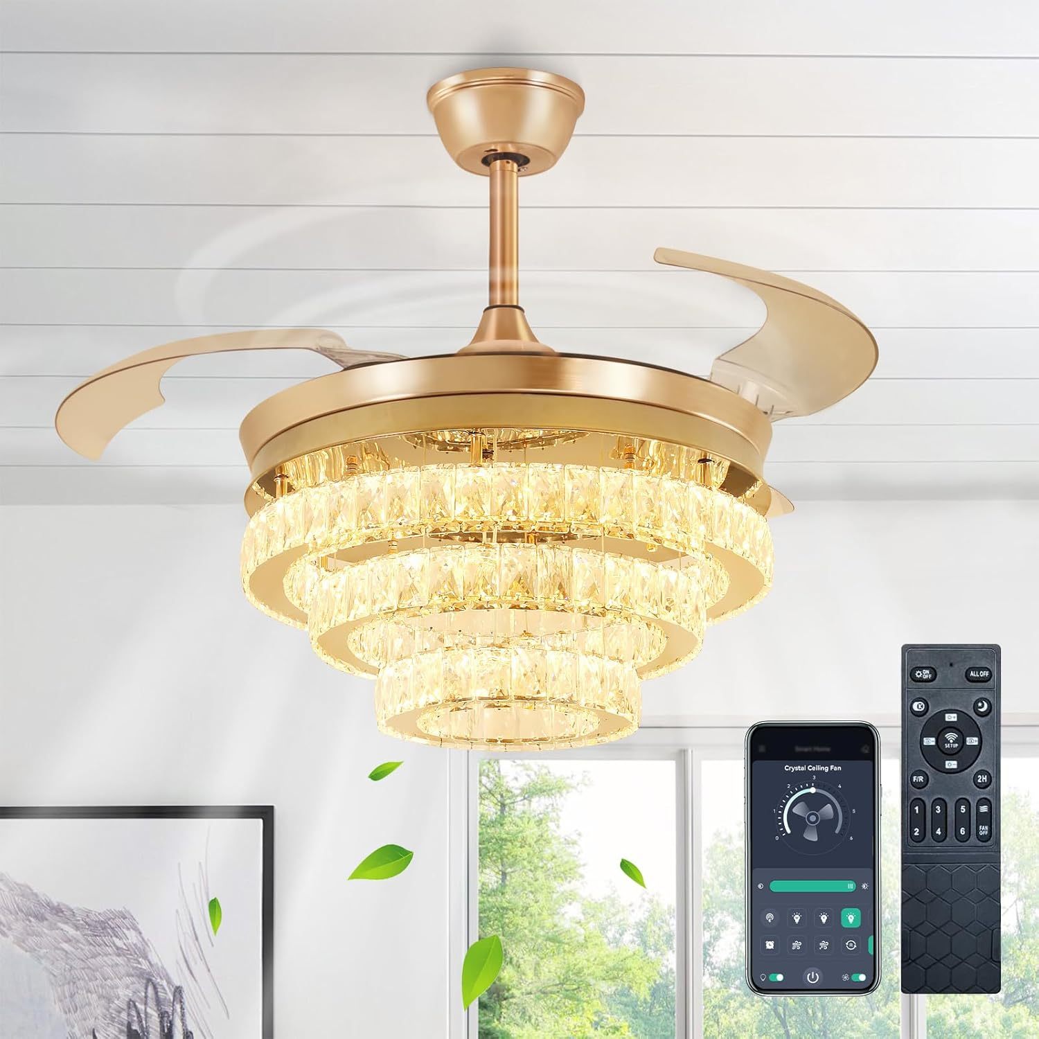 42" Modern Crystal Ceiling Fan with Lights, 3-Blade Gold Retractable Ceiling Fans Remote/APP Control, 6 Speeds Dimmable LED Fandelier