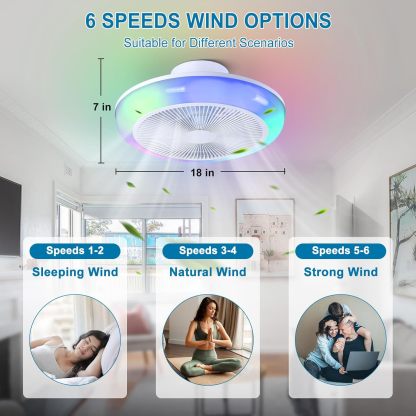 Ceiling Fan Mount for Bedroom: 18 Inch Bladeless Ceiling Fan with RGB Light and Remote for Living Room Kitchen Dining Room