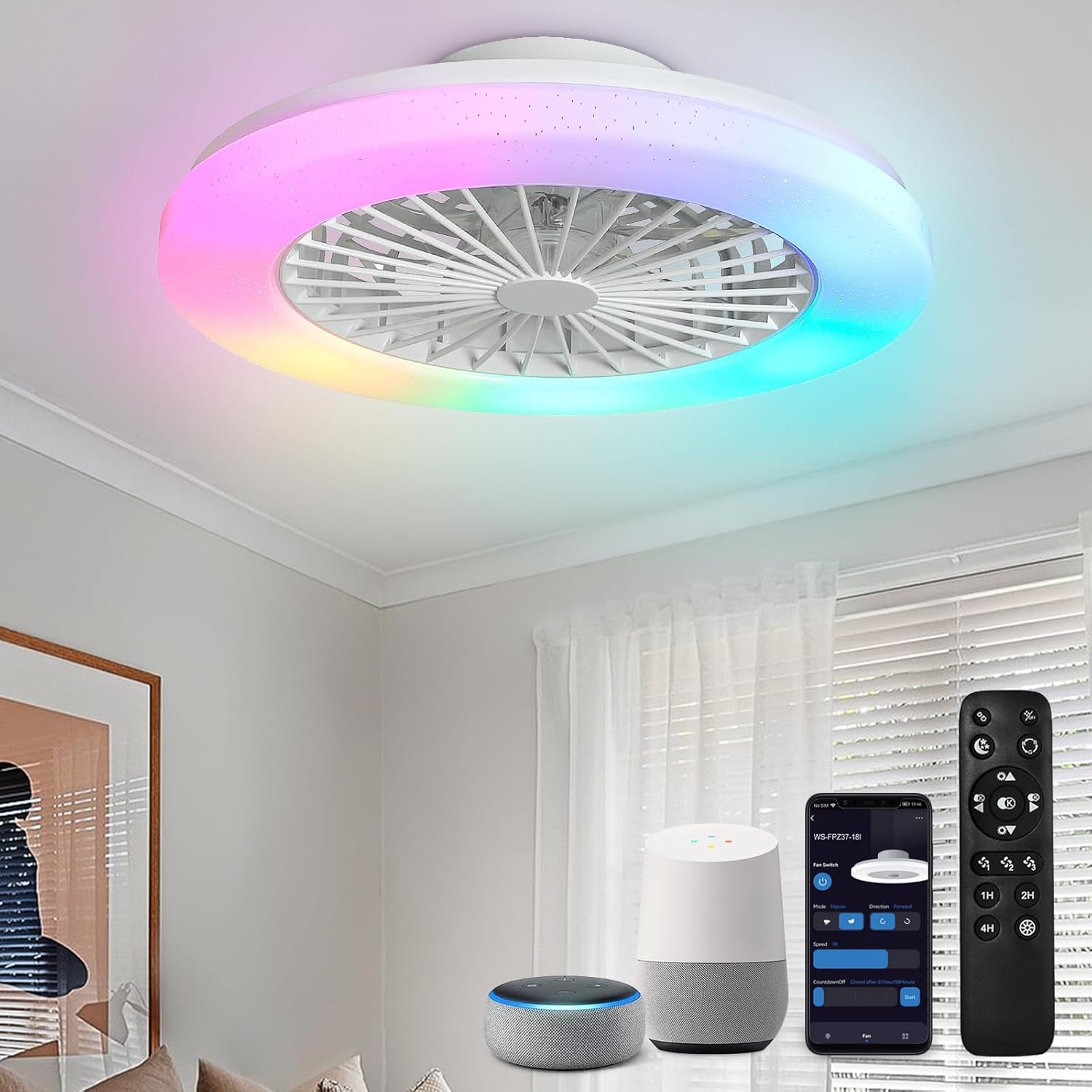 Low Profile Ceiling Fan with Light Smart Bladeless Ceiling Fans with RGB Lights Changing LED 3 Wind Speeds Festival Ambient 22 Inch Flush Mount Fan Light