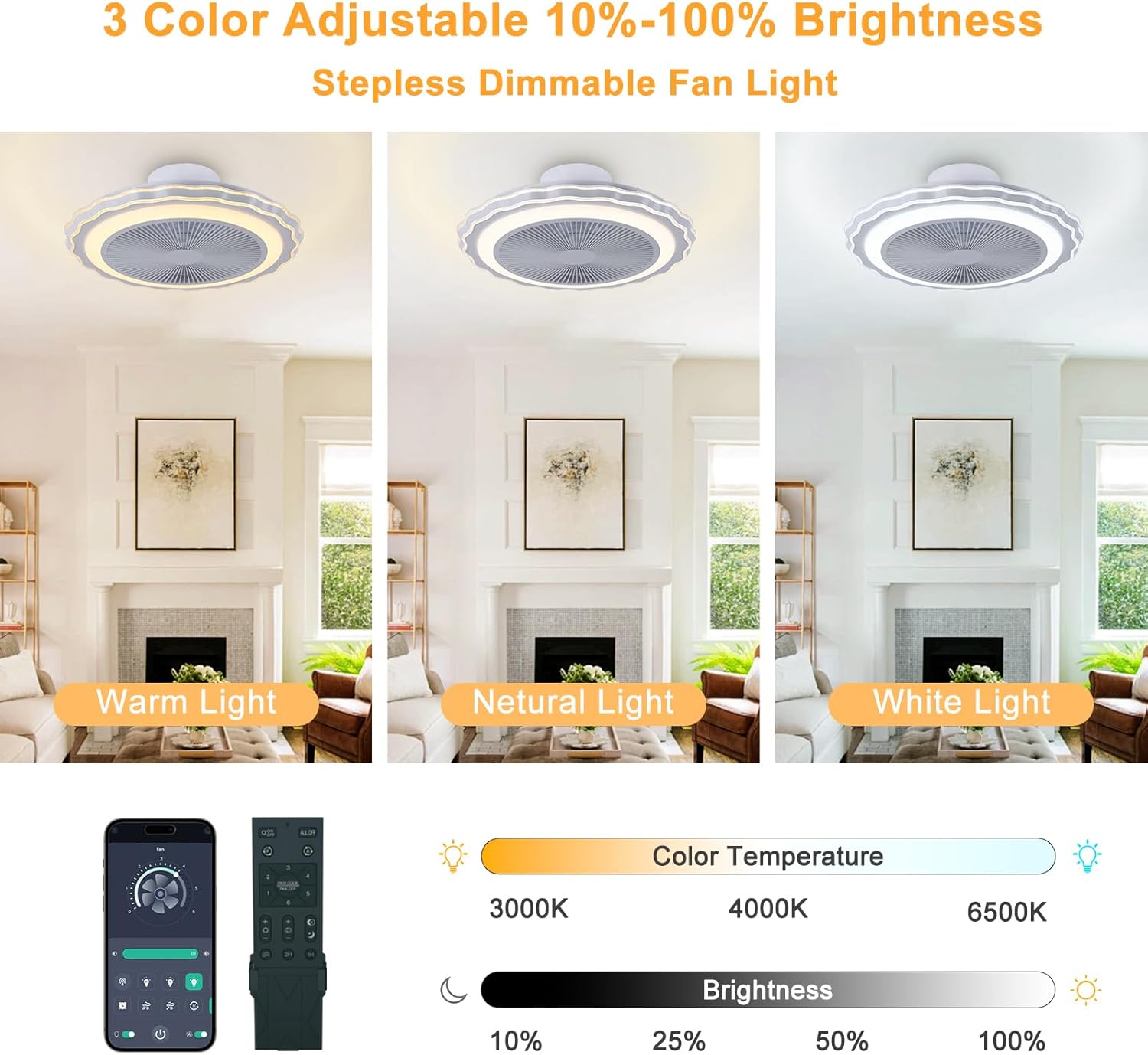 Ceiling Fan Mount for Bedroom: 20 Inch Bladeless Ceiling Fan with Light and Remote for Living Room Kitchen Dining Room