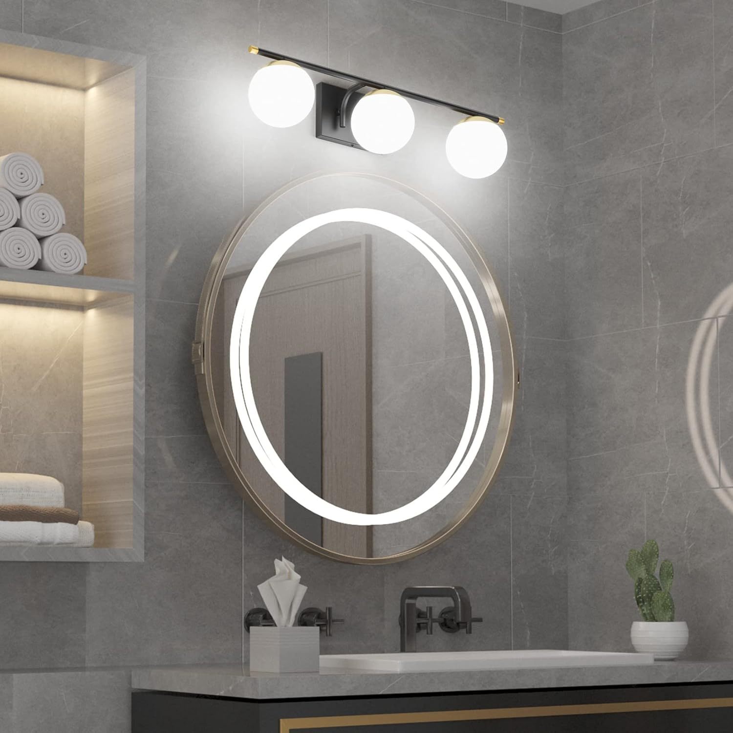 Black and Gold Bathroom Lights 3-Light Mid Century Modern Bathroom Vanity Lights Milky Glass Black and Gold Vanity Lights for Bathroom