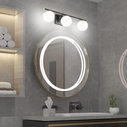 Black and Gold Bathroom Lights 3-Light Mid Century Modern Bathroom Vanity Lights Milky Glass Black and Gold Vanity Lights for Bathroom