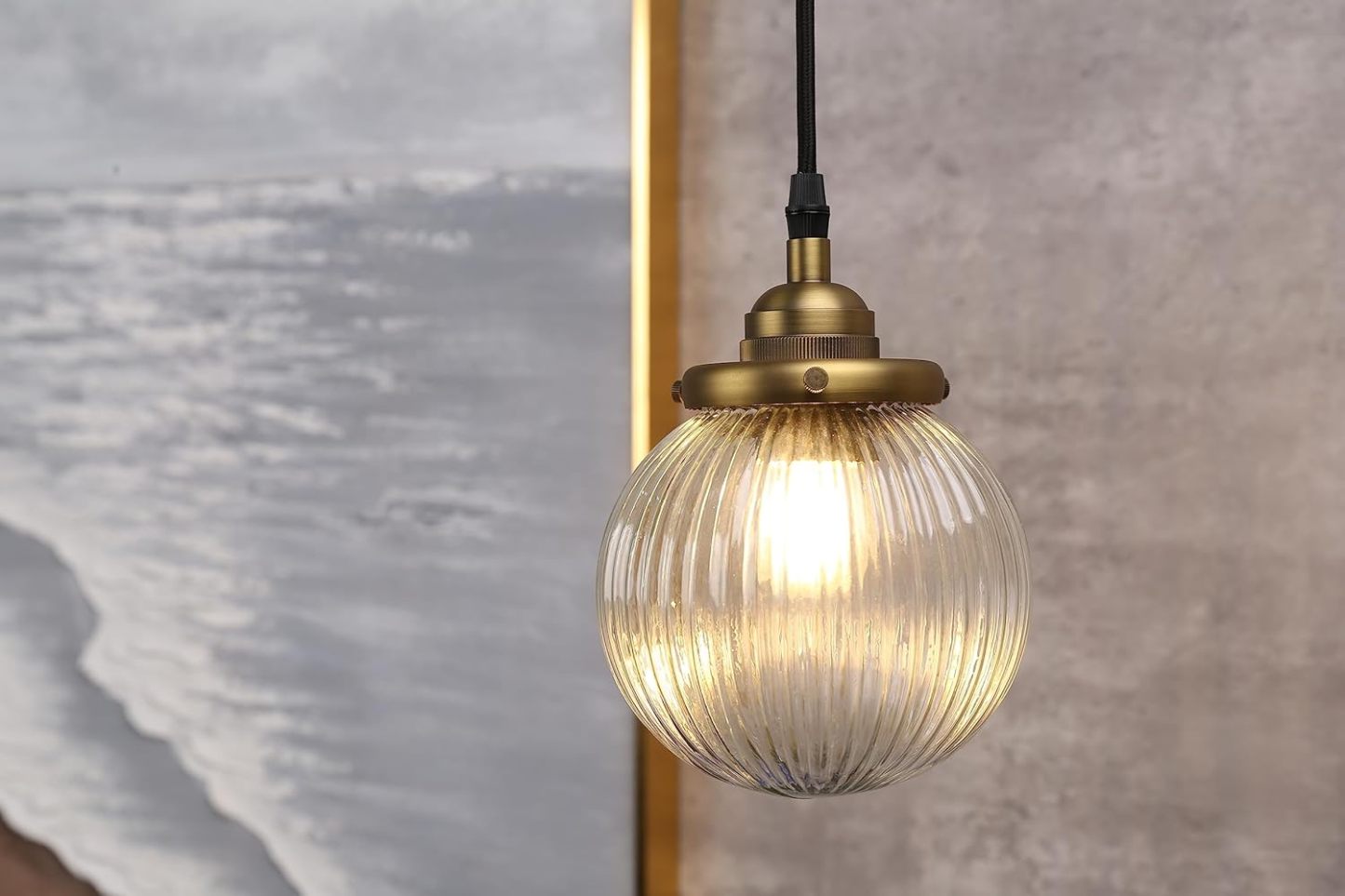 1-Light Vintage Kitchen Hanging Pendant Light Fixture, Single Hardwired Indoor Vanity Luxury Retro Textured Striped Round Glass Shade Samll Lamp for Dinning Room Living Room Island(Antique)