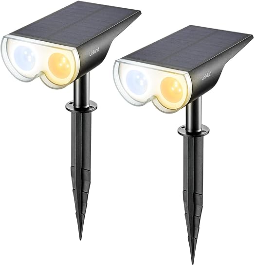 Solar Outdoor Lights, Solar Spot Lights Outdoor Waterproof IP67, Daylight & Warm White Auto On/Off Solar Landscape Spotlights