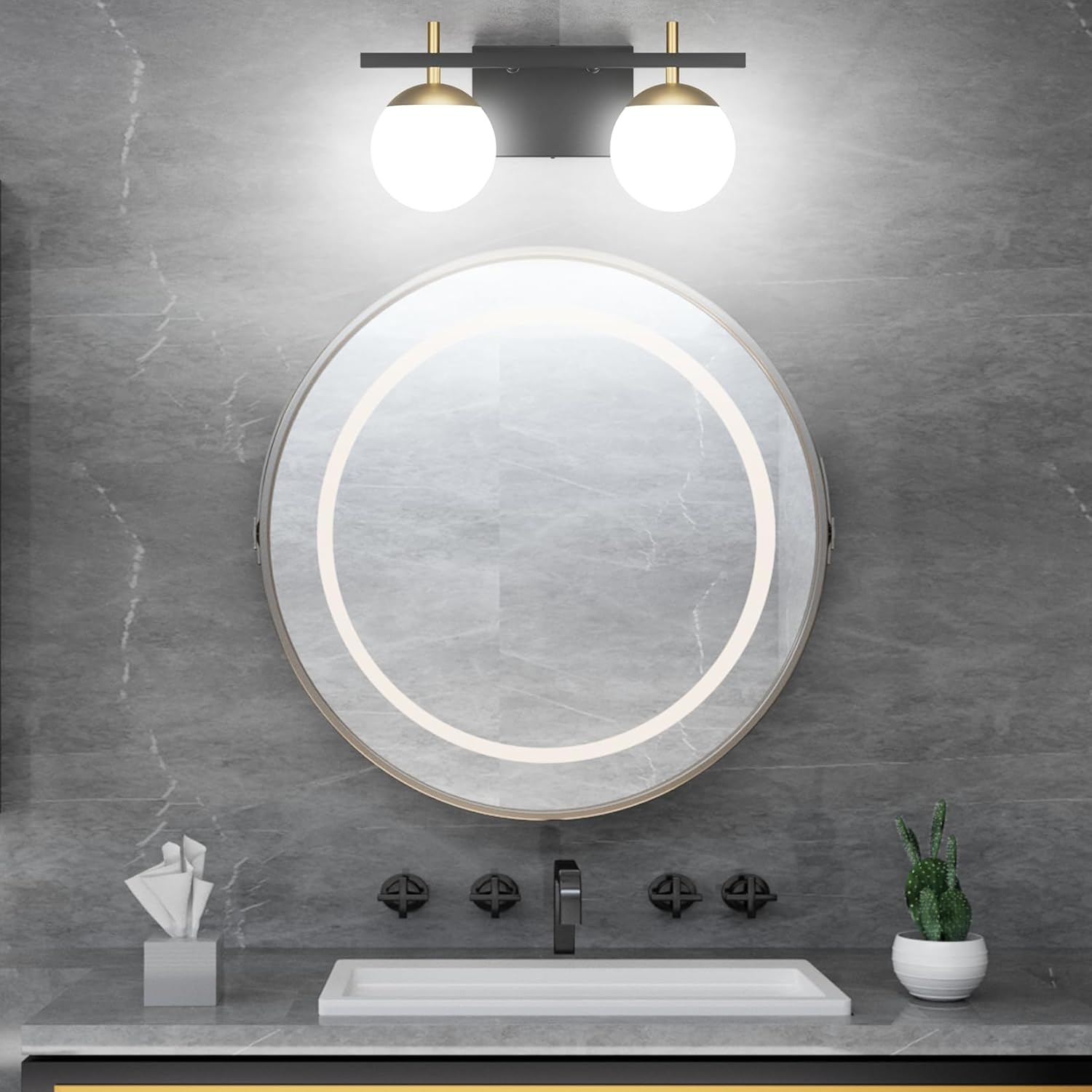 2-Light Black Gold Bathroom Vanity Light Mid Century Modern Bathroom Light Fixture Black/Golden Milky Glass Ball Wall Light for Bathroom