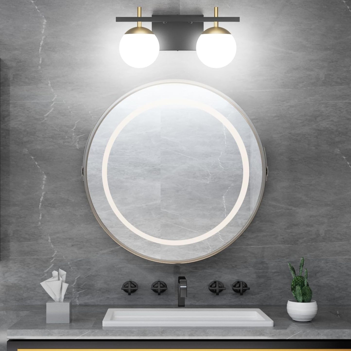 2-Light Black Gold Bathroom Vanity Light Mid Century Modern Bathroom Light Fixture Black/Golden Milky Glass Ball Wall Light for Bathroom