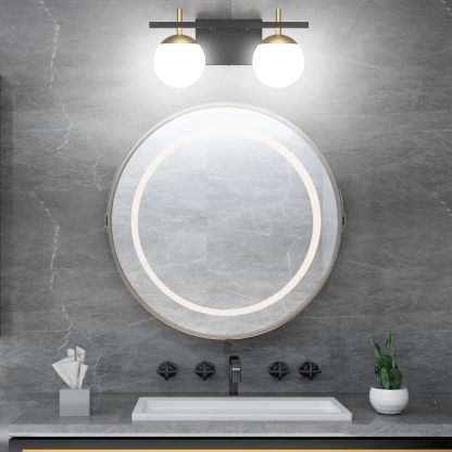 2-Light Black Gold Bathroom Vanity Light Mid Century Modern Bathroom Light Fixture Black/Golden Milky Glass Ball Wall Light for Bathroom