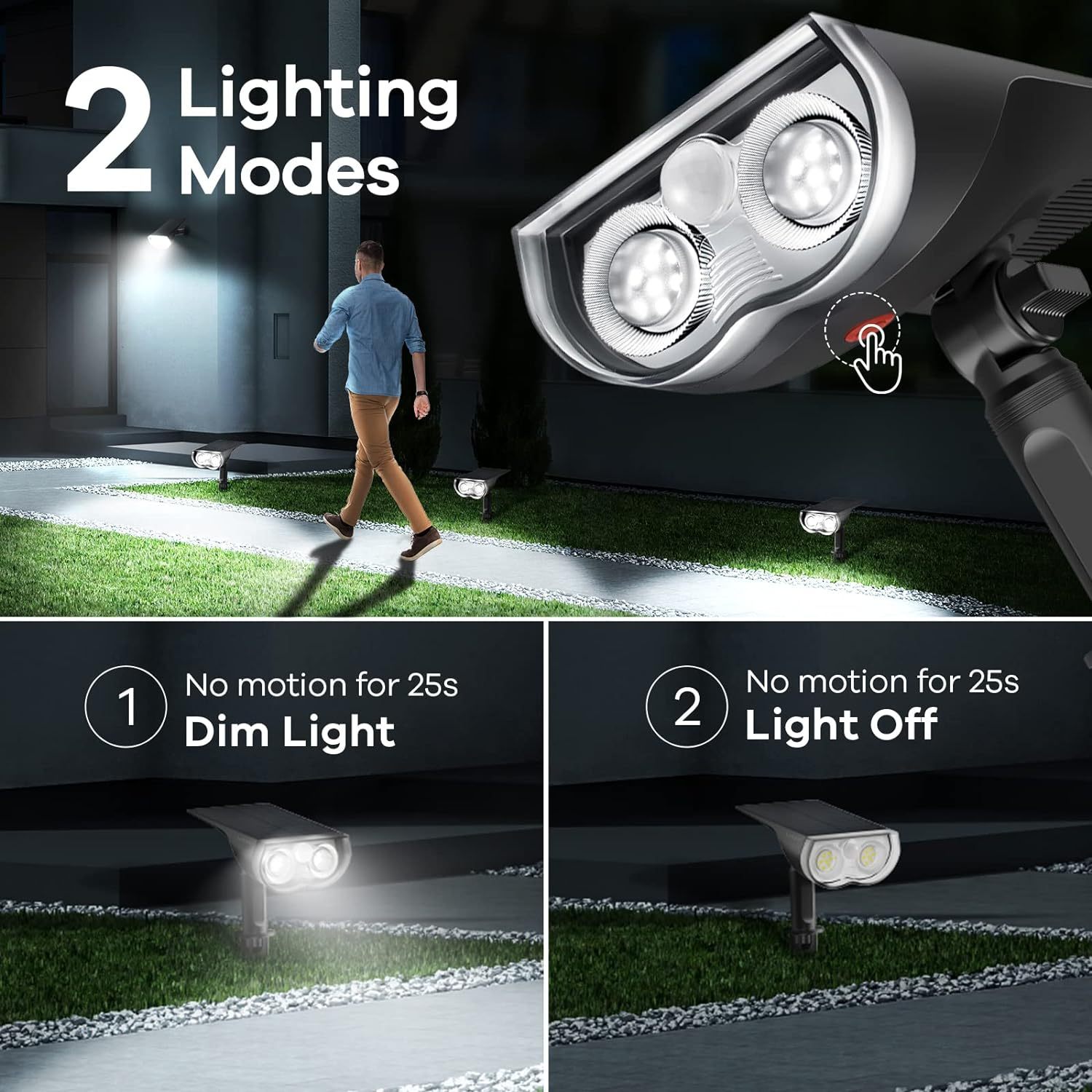 Solar Outdoor Lights, Motion Sensor Solar Spot Lights Outdoor, 3 Modes IP67 Waterproof 2 PACK