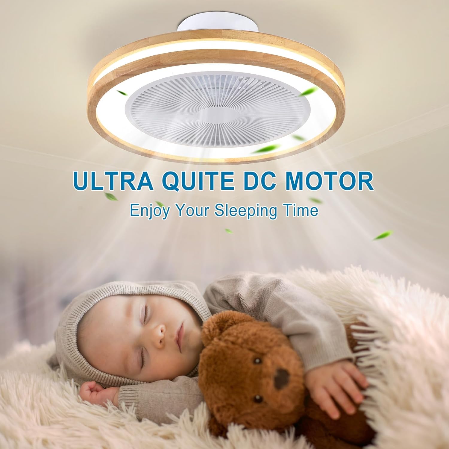 Ceiling Fan Mount for Bedroom: 20 Inch Wooden Bladeless Ceiling Fan with Light and Remote for Living Room Kitche - Modern Enclosed Led Fandelier with App Reversible 6 Wind Speed Dimmable