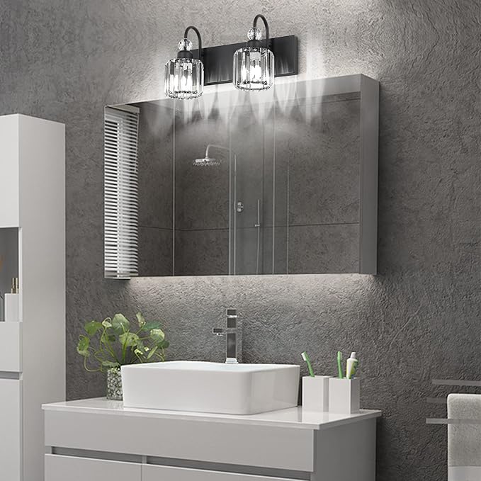 Black Vanity Light 2-Lights Modern Crystal Vanity Lights for Bathroom Matte Black Crystal Wall Light Fixtures Modern Black Crystal Bathroom Light Fixtures