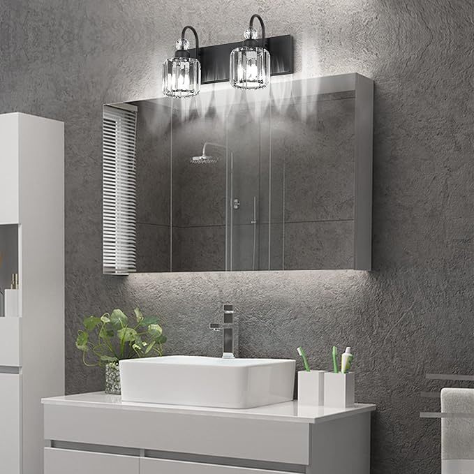 Black Vanity Light 2-Lights Modern Crystal Vanity Lights for Bathroom Matte Black Crystal Wall Light Fixtures Modern Black Crystal Bathroom Light Fixtures