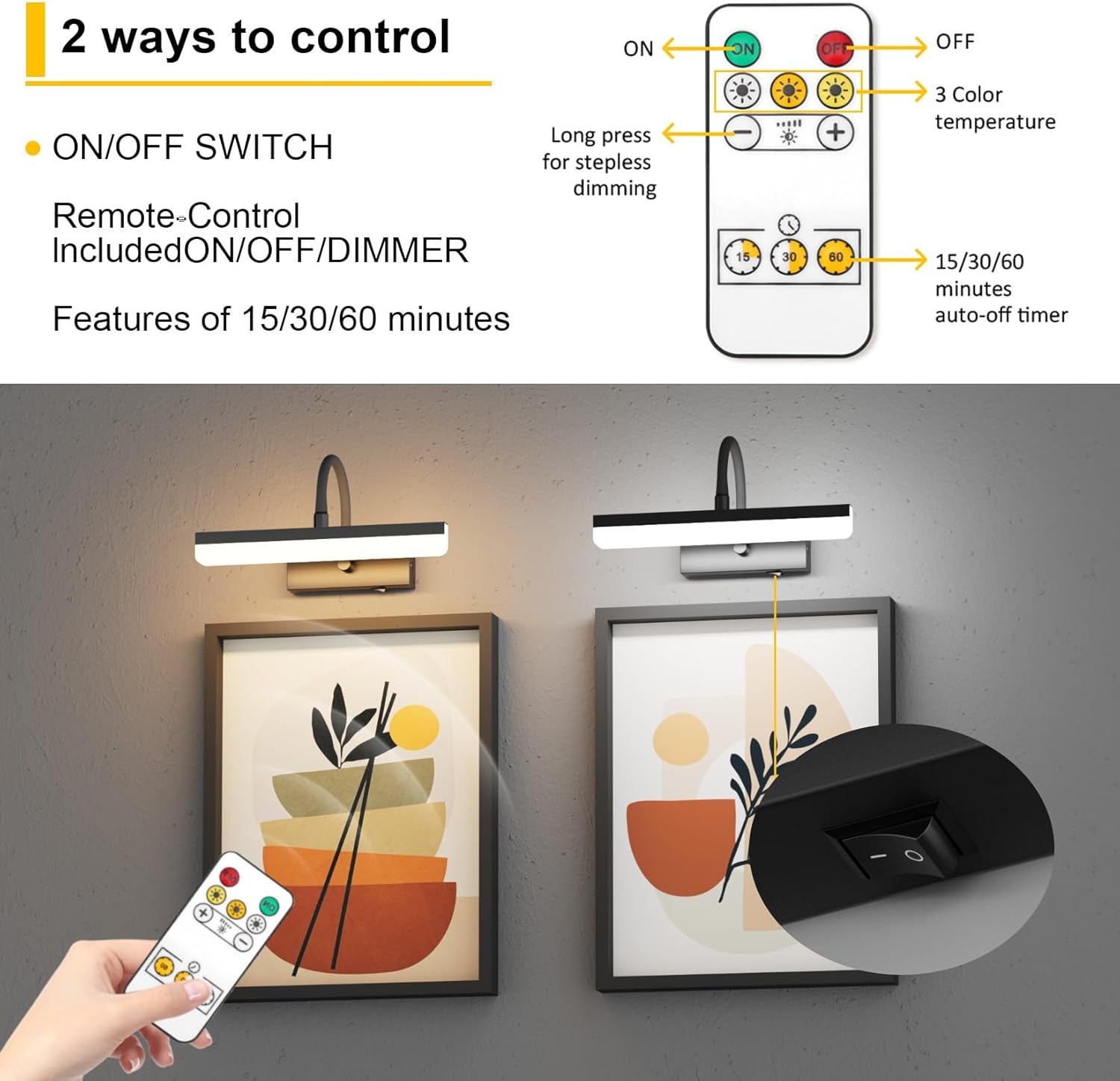 Picture Light Battery Operated LED Dimmable Painting Light with Remote, Rotatable Light Tube with 3 Lighting Modes, Dimmable Display Light with Timer for Painting Picture Frame Portrait Art