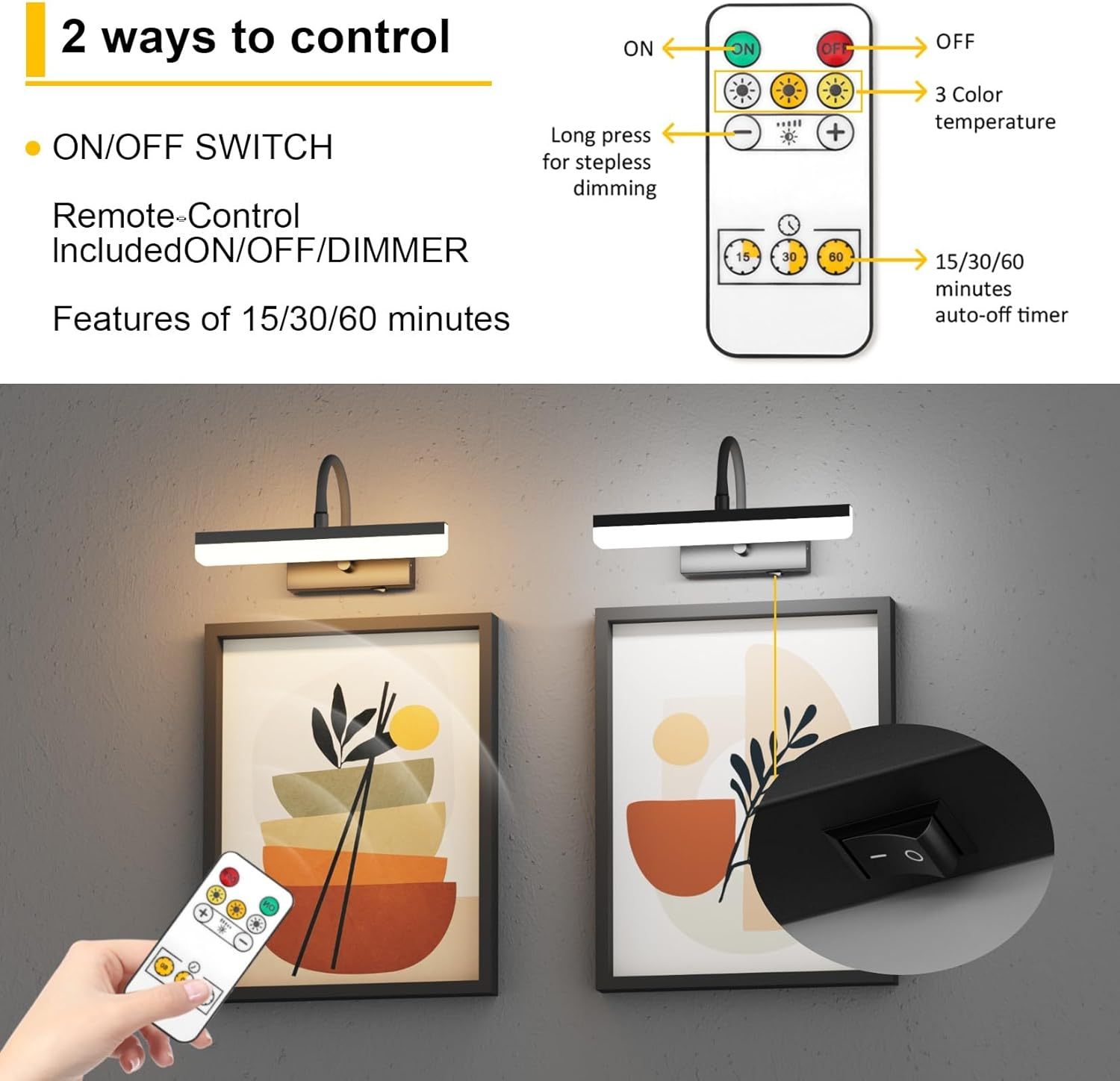 Picture Light Battery Operated LED Dimmable Painting Light with Remote, Rotatable Light Tube with 3 Lighting Modes, Dimmable Display Light with Timer for Painting Picture Frame Portrait Art