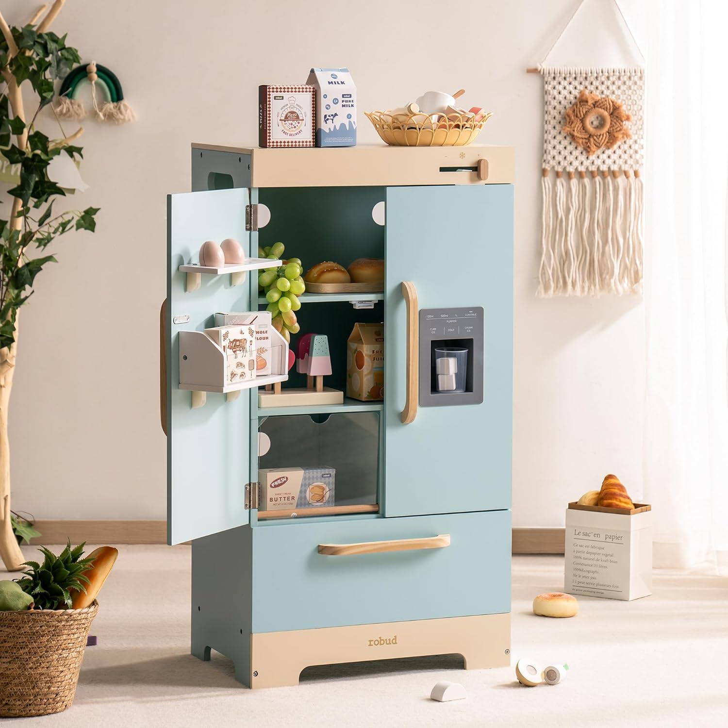 Fridge Refrigerator with Ice Dispenser, Wooden Play Fridge Freezer Set for Kids