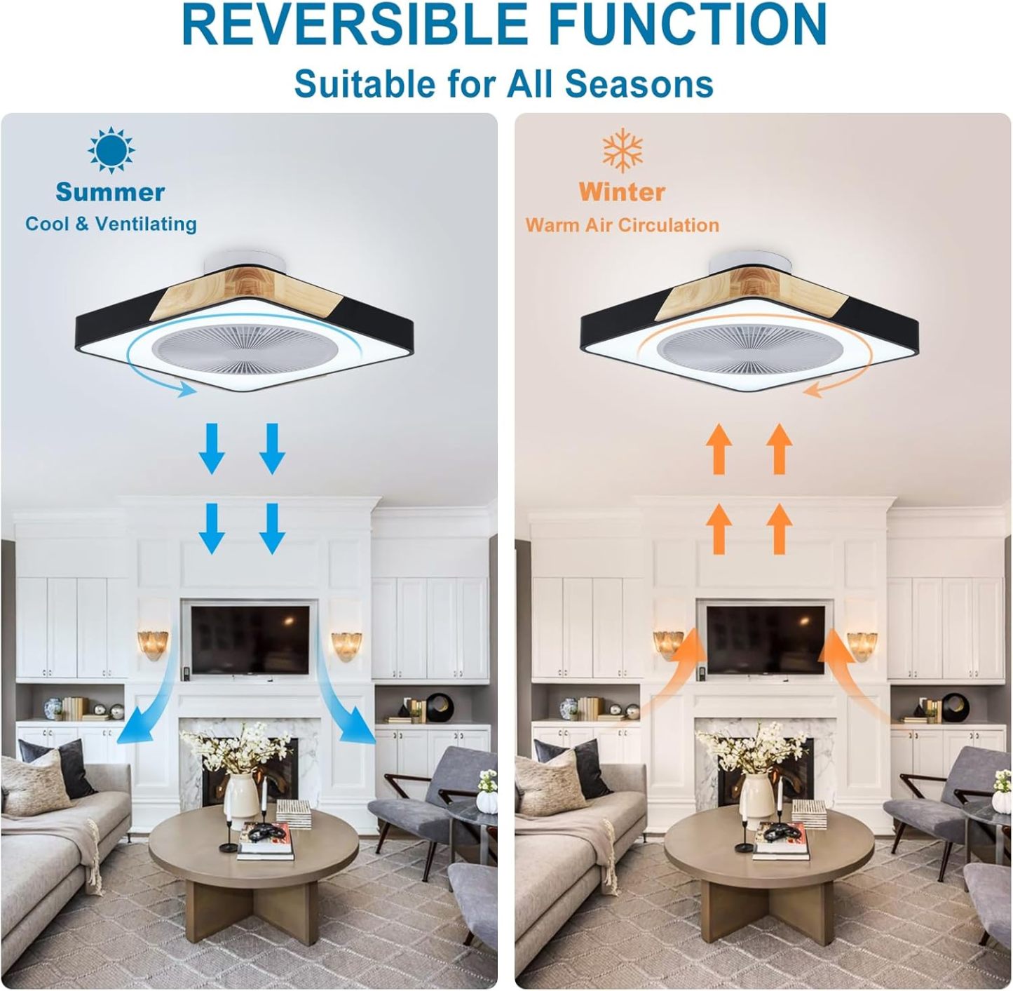 Ceiling Fan Mount for Bedroom: 20 Inch Square Bladeless Ceiling Fan with Light and Remote for Living Room Kitchen Dining Room - Modern Enclosed Led Fandelier with App Timing Dimmable Black