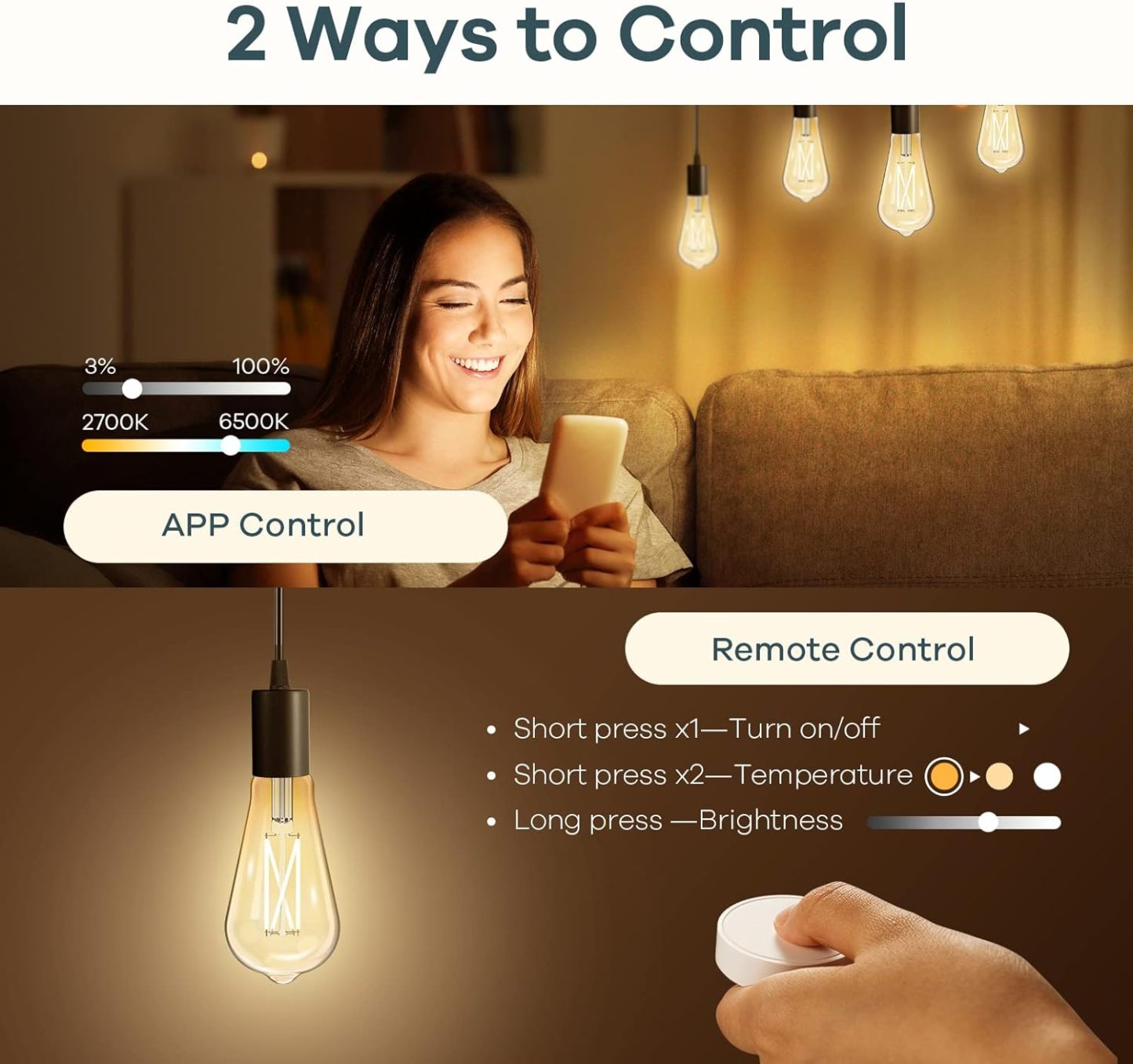 Smart Edison Bulbs, 2700K-6500K Tunable WiFi Edison Bulbs with Remote Control 2-Pack
