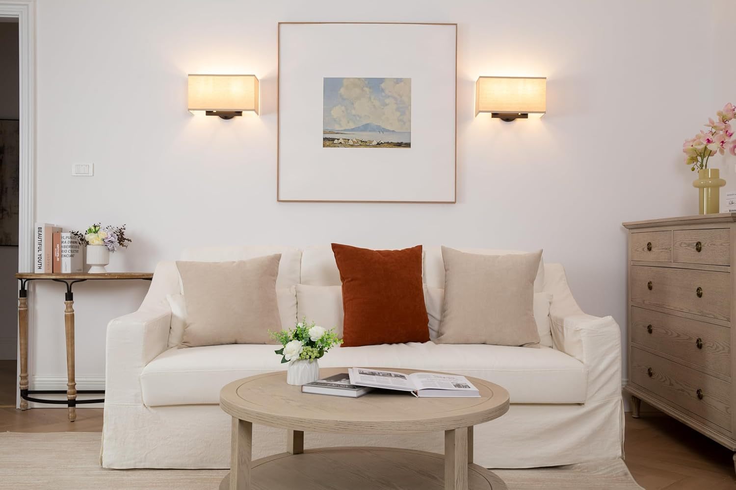 Linen Boho Wall Sconce Stairwell Fixture Light, 2-Light Indoor Hardwired Vanity Dual Vintage Industrial Bedside Sconce Wall Mount Lighting Square Fabric Shade