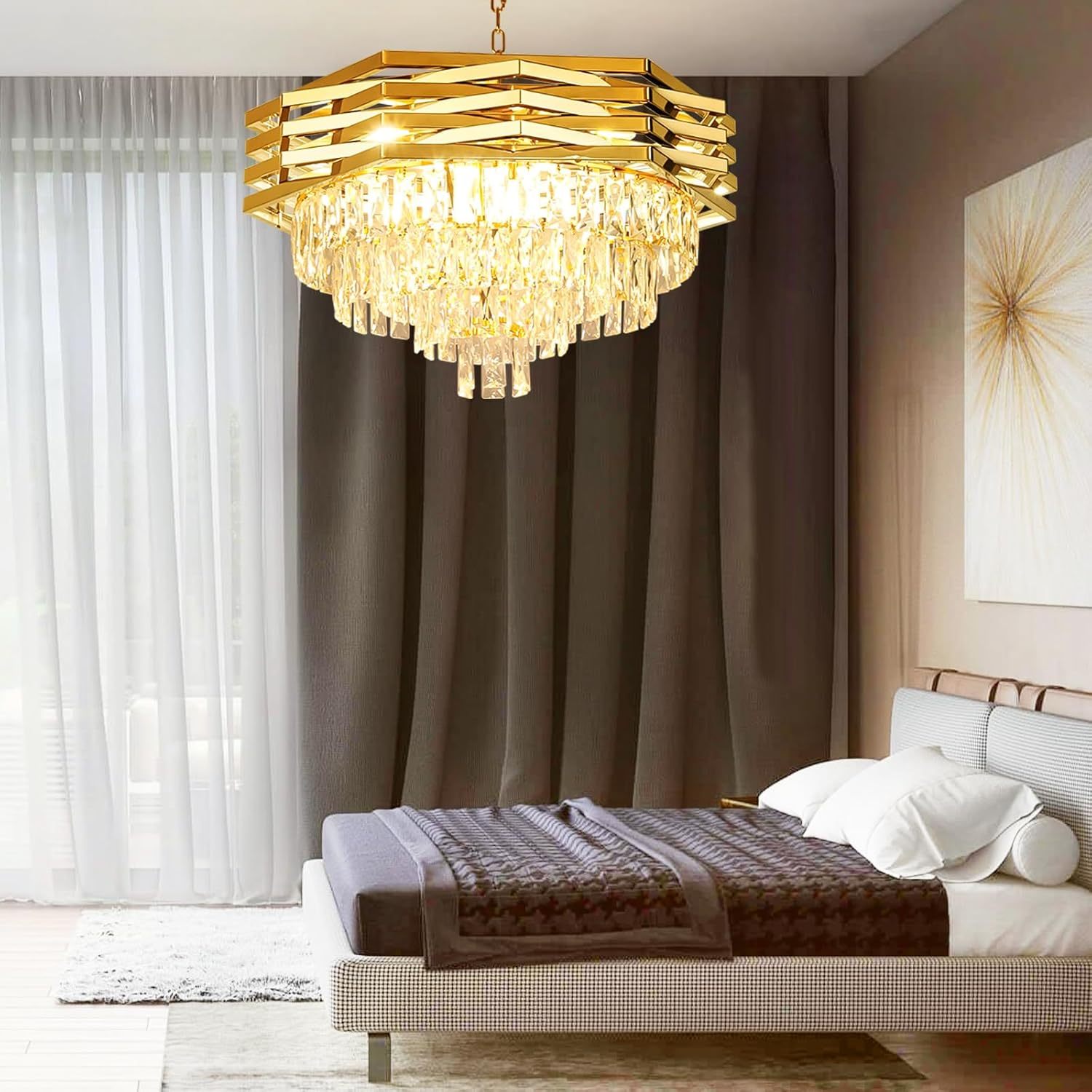 24'' Modern Crystal Chandelier, 9 Light Gold Crystal Pendant Light Fixtures, 4-Tier Adjustable Hanging Ceiling Light for Bedroom, Living Room, Dining Room, 3000k E12 Bulbs Included