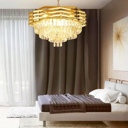 24'' Modern Crystal Chandelier, 9 Light Gold Crystal Pendant Light Fixtures, 4-Tier Adjustable Hanging Ceiling Light for Bedroom, Living Room, Dining Room, 3000k E12 Bulbs Included