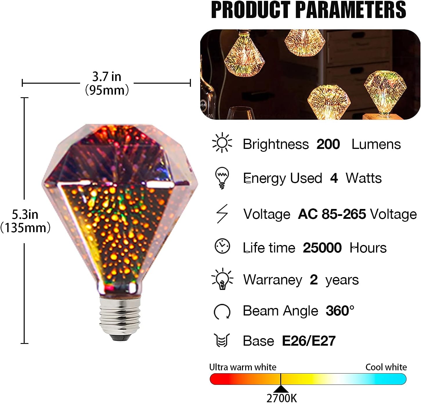 3D Fireworks Light Bulb Decorative LED Bulb E26 Base Edison Bulb Light for Holiday Christmas Decoration Bar Glass LED Lamp