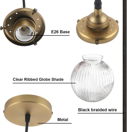 1-Light Vintage Kitchen Hanging Pendant Light Fixture, Single Hardwired Indoor Vanity Luxury Retro Textured Striped Round Glass Shade Samll Lamp for Dinning Room Living Room Island(Antique)