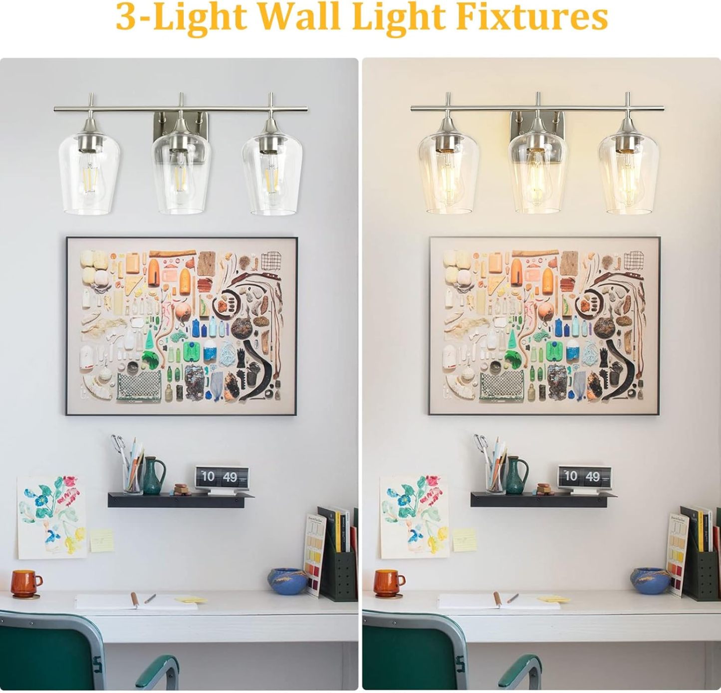 3-Light Bathroom Light Fixtures, Brushed Nickel Vanity Lighting, Metal Bath Wall Mounted Lights, Modern Wall Sconces Light with Glass Shades