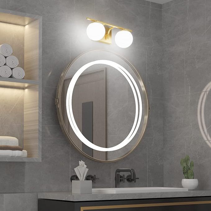 Gold Bathroom Vanity Light 2-Light Mid Century Modern Bathroom Vanity Light Fixtures Gold Milky Glass Globe Bathroom Wall Light