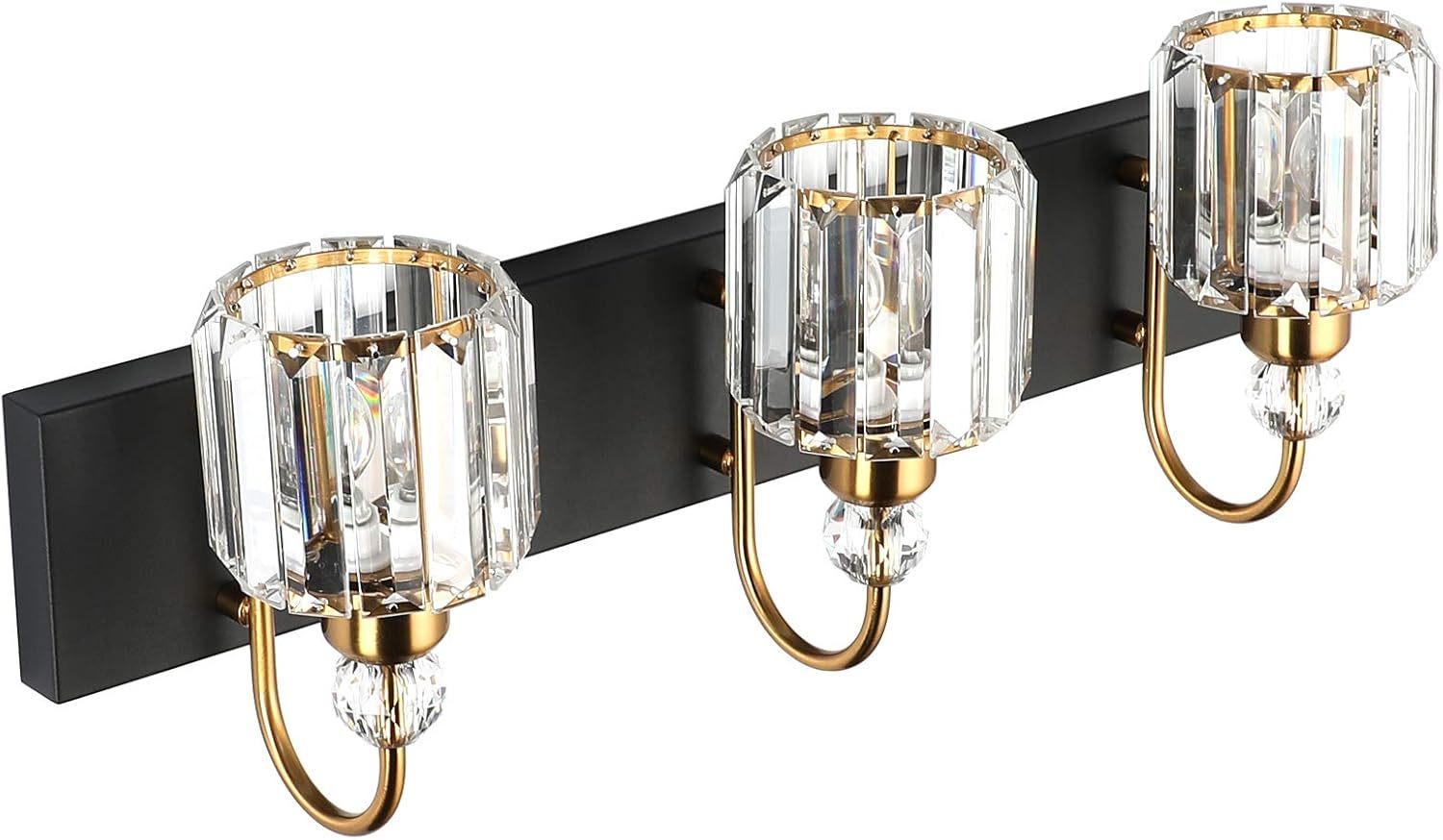 Modern Bathroom Vanity Light Fixture, 3-Lights, Black Metal & Crystal