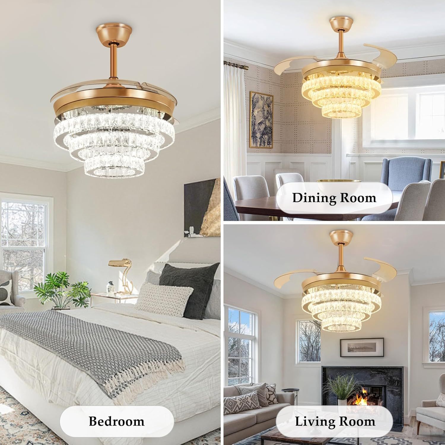 42" Modern Crystal Ceiling Fan with Lights, 3-Blade Gold Retractable Ceiling Fans Remote/APP Control, 6 Speeds Dimmable LED Fandelier