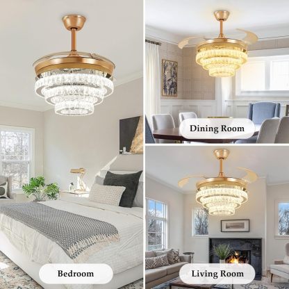 42" Modern Crystal Ceiling Fan with Lights, 3-Blade Gold Retractable Ceiling Fans Remote/APP Control, 6 Speeds Dimmable LED Fandelier