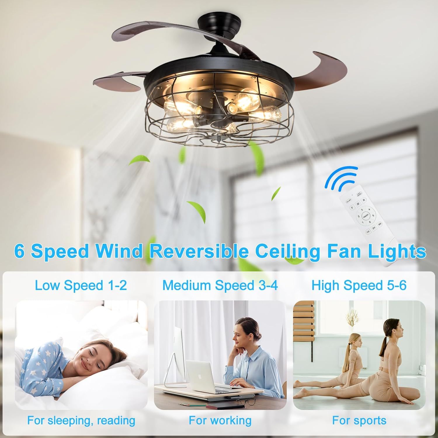 Ceiling Fan with Lights-42 Industrial Ceiling Fan with Retractable Blades, Vintage Cage Ceiling Light Fixture with Remote