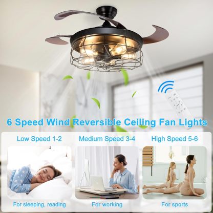 Ceiling Fan with Lights-42 Industrial Ceiling Fan with Retractable Blades, Vintage Cage Ceiling Light Fixture with Remote