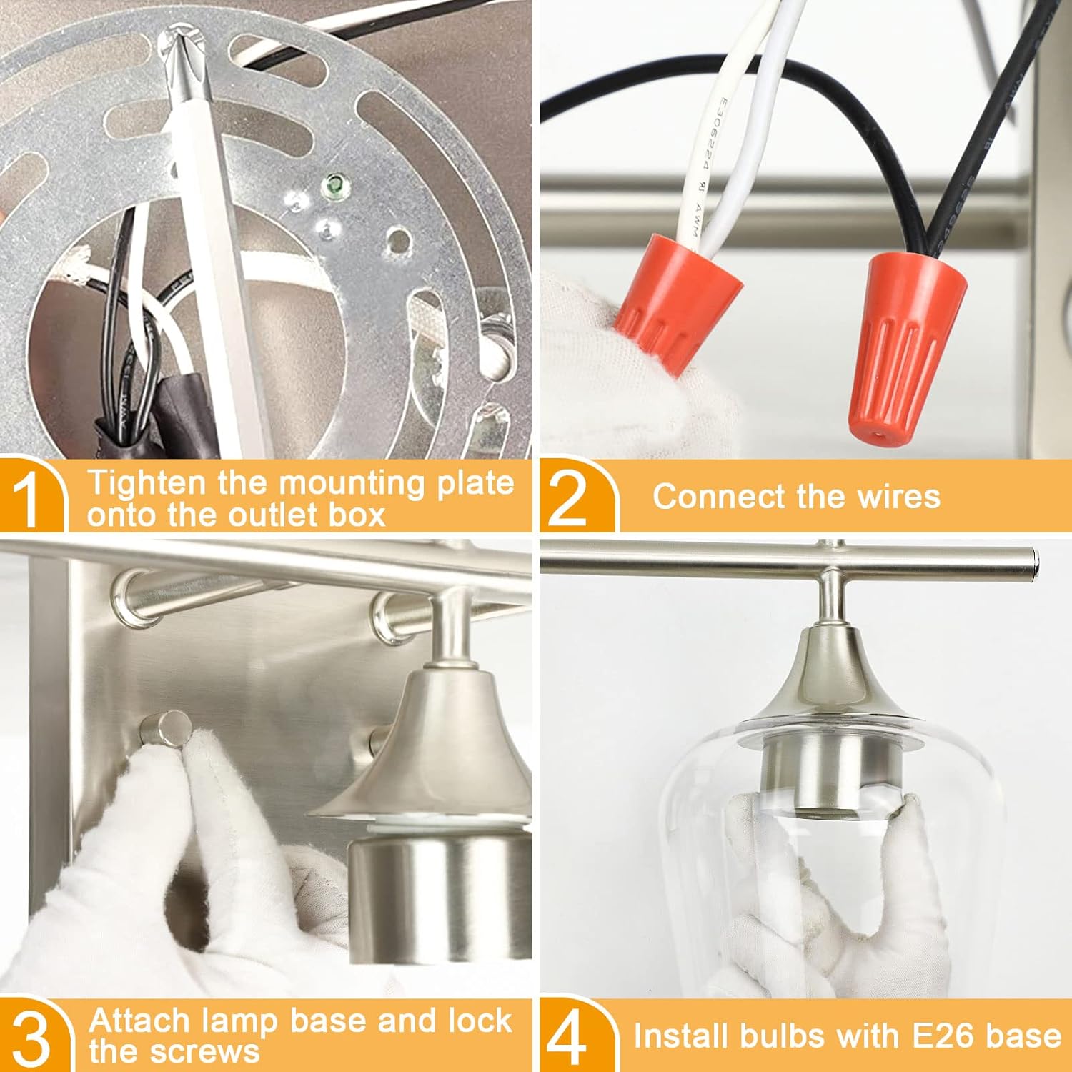 3-Light Bathroom Light Fixtures, Brushed Nickel Vanity Lighting, Metal Bath Wall Mounted Lights, Modern Wall Sconces Light with Glass Shades