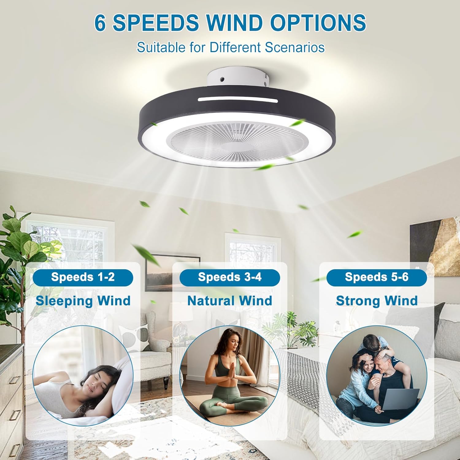 Ceiling Fan Mount for Bedroom: 20 Inch Bladeless Ceiling Fan with Led Light and Remote for Living Room Kitchen Dining Room