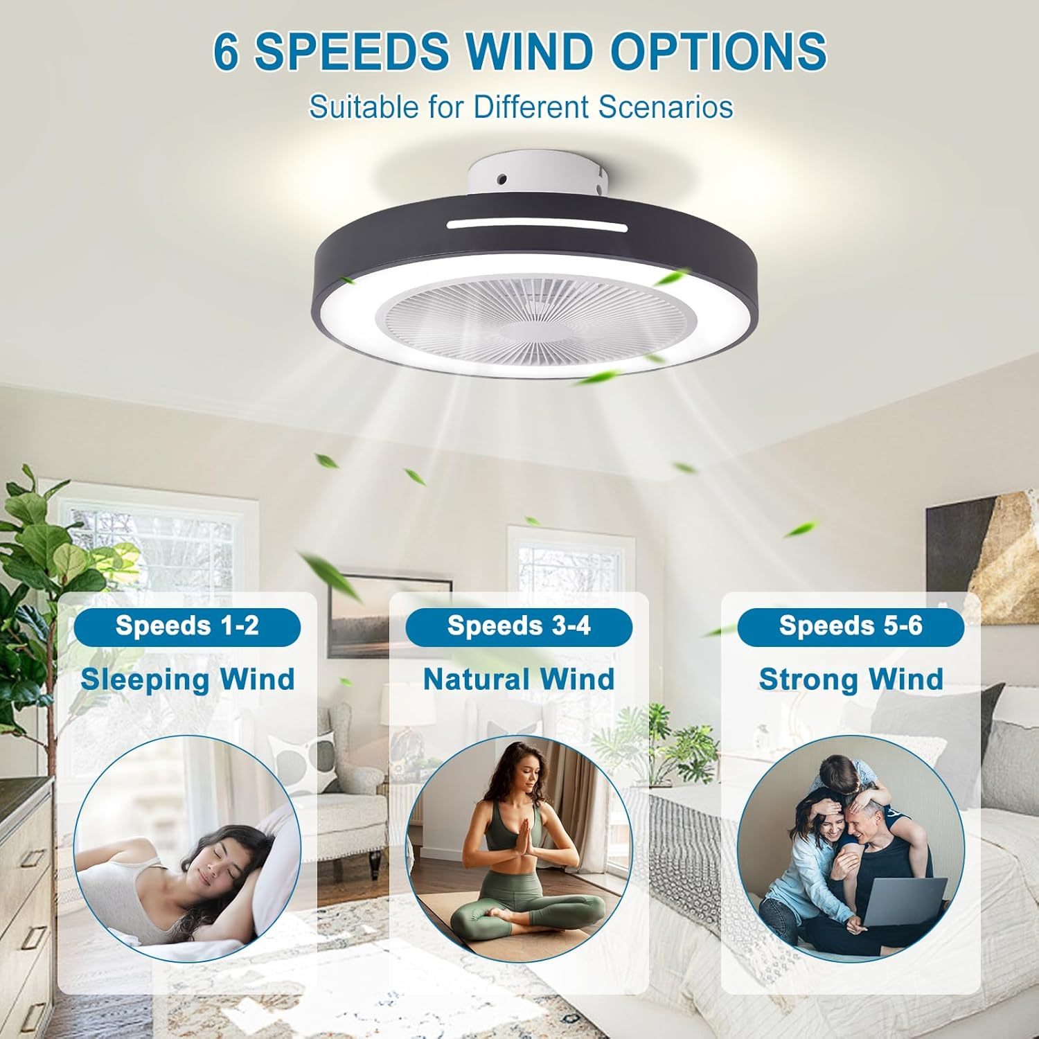 Ceiling Fan Mount for Bedroom: 20 Inch Bladeless Ceiling Fan with Led Light and Remote for Living Room Kitchen Dining Room