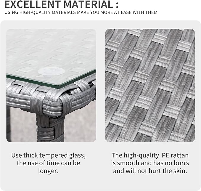 Outdoor Wicker Glass Top Side Table - Patio Rattan Square End Table with Storage